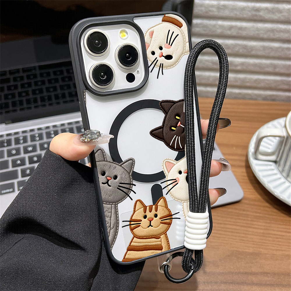Apple Iphone 15 - Niedliche Handyhülle mit Kunststickerei-Katzenmotiv für iPhone